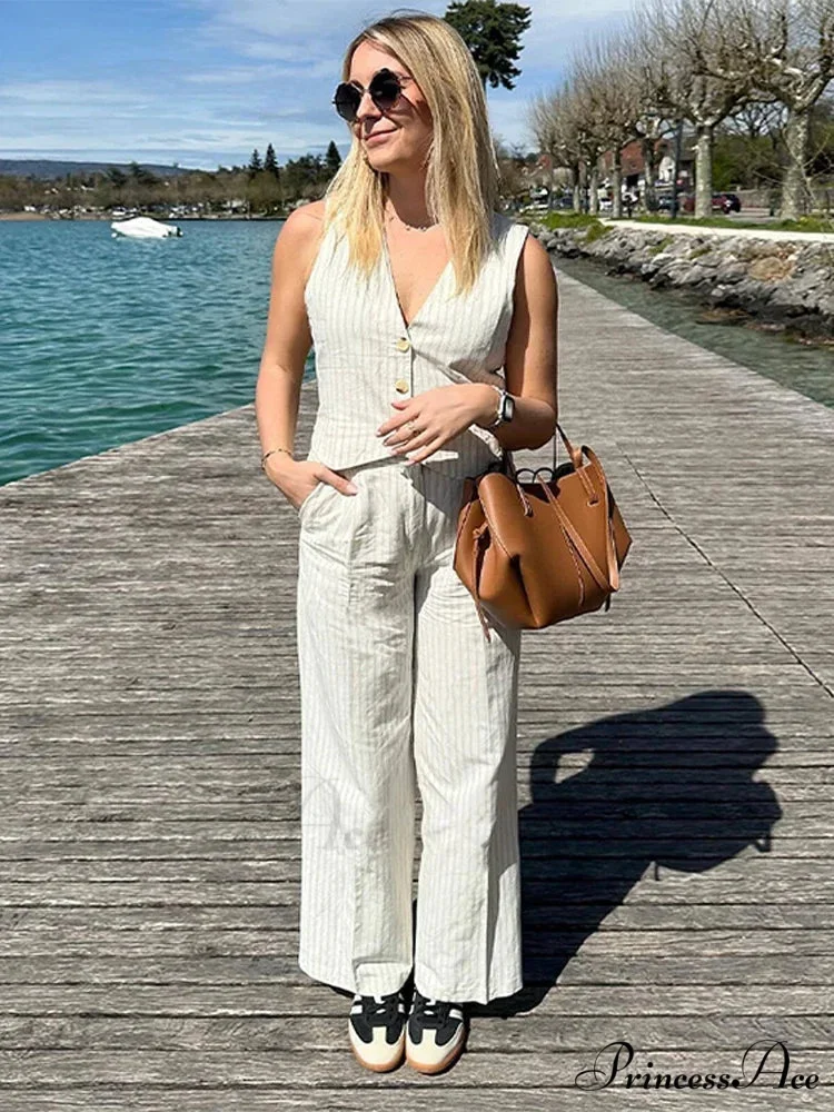 Soft Linen Striped Wide Leg Professional Two Piece Set - Image 2
