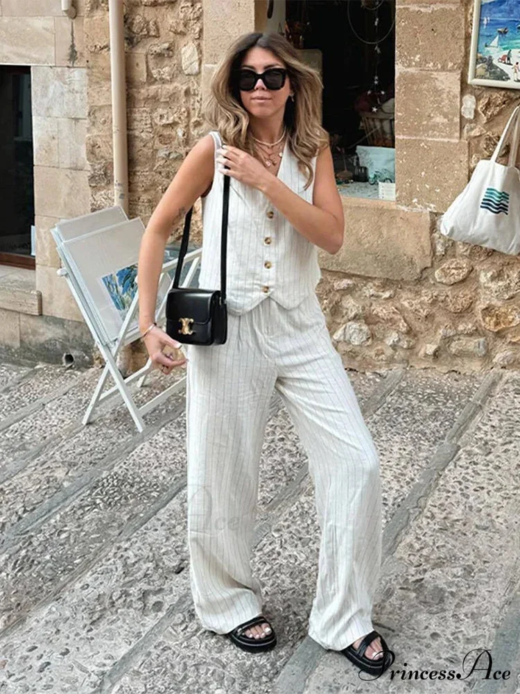 Soft Linen Striped Wide Leg Professional Two Piece Set - Image 3