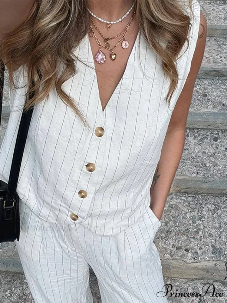 Soft Linen Striped Wide Leg Professional Two Piece Set - Image 5