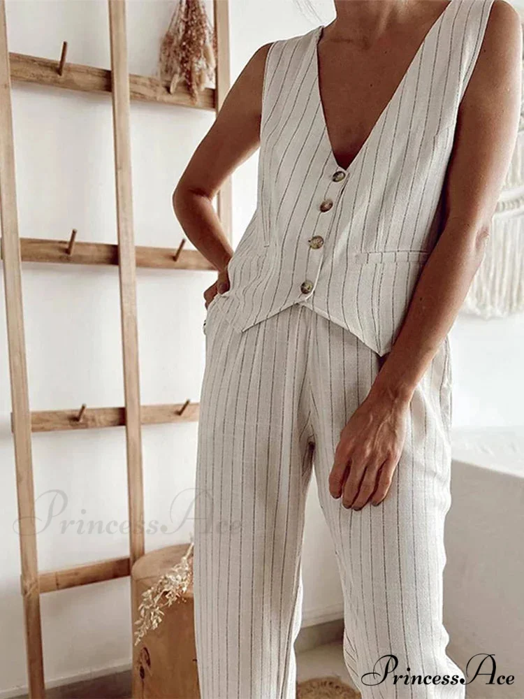 Soft Linen Striped Wide Leg Professional Two Piece Set - Image 6