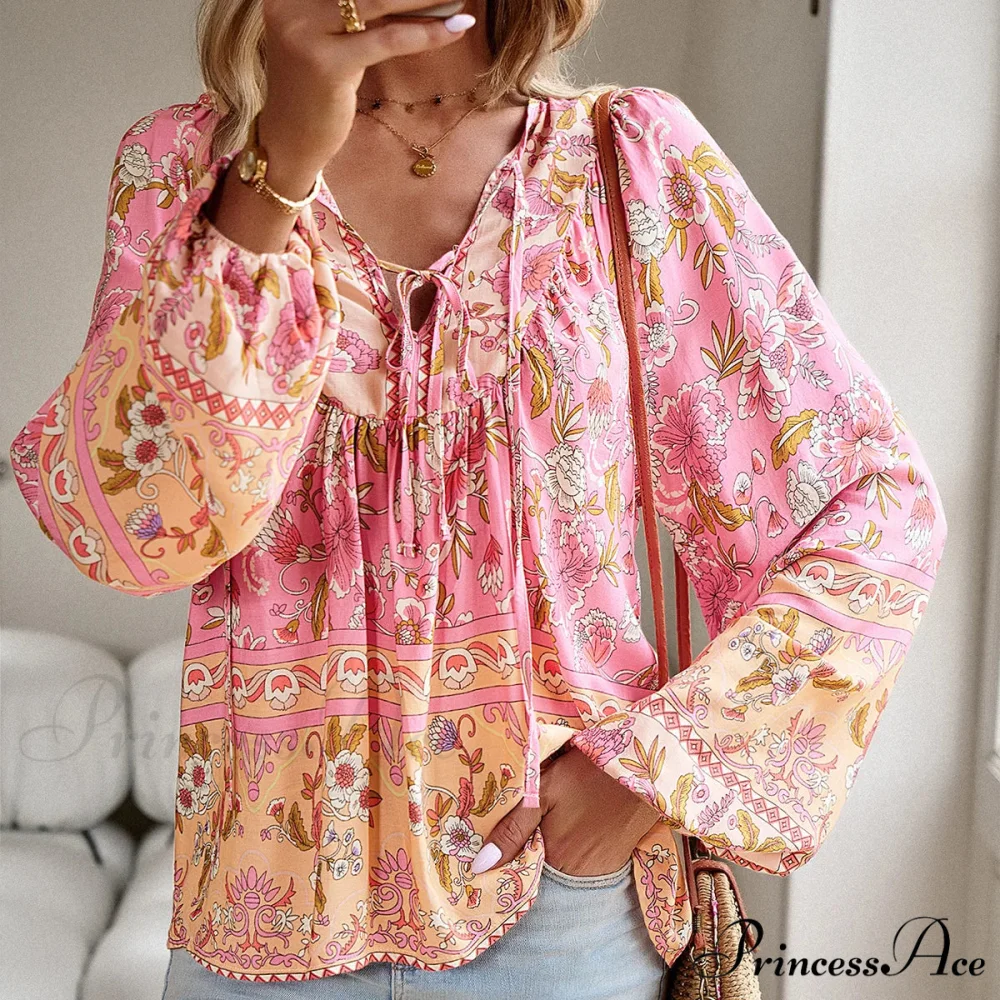 Soft Rayon Floral Printed Extended Sleeve Seaside Boho Top - Image 2