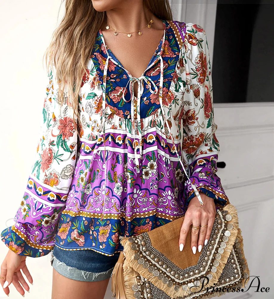 Soft Rayon Floral Printed Extended Sleeve Seaside Boho Top - Image 4
