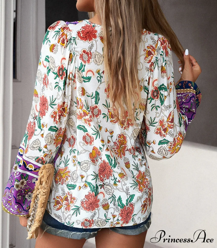 Soft Rayon Floral Printed Extended Sleeve Seaside Boho Top - Image 5