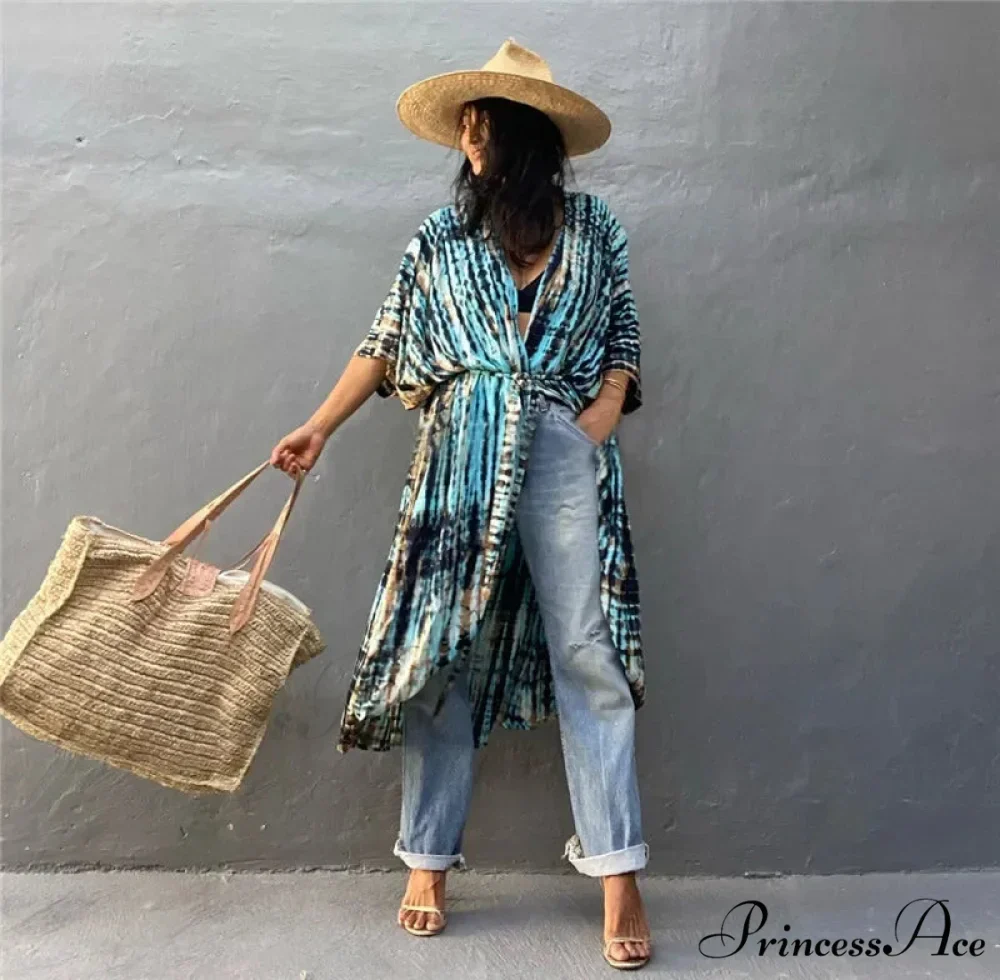 Soft Rayon Striped Pattern Cardigan Boho Beach Cover up - Image 2