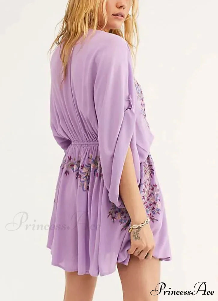 Soft Rayon Violet Floral Stitching Bohemian Dress - Image 3