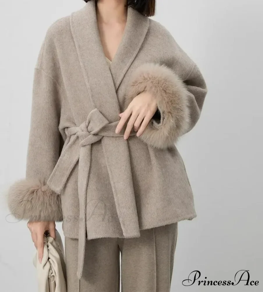 Soft Wool Coat With Furry Cuffs Luxurious Fur Overcoat - Image 2