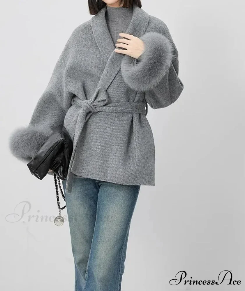 Soft Wool Coat With Furry Cuffs Luxurious Fur Overcoat - Image 3