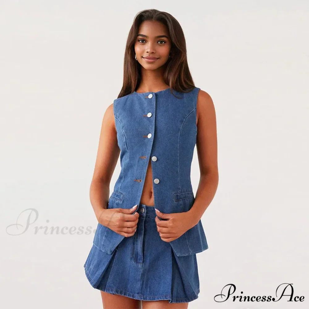 Solid Button Sleeveless Office Two Piece Set - Image 5