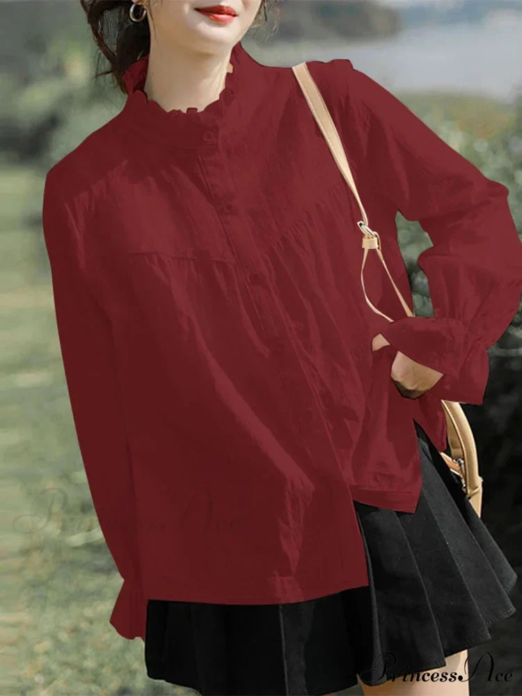 Solid Frilly High Neck Long Sleeve Blouse - Image 2
