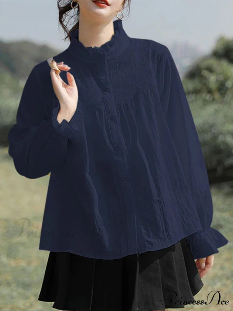 Solid Frilly High Neck Long Sleeve Blouse - Image 3