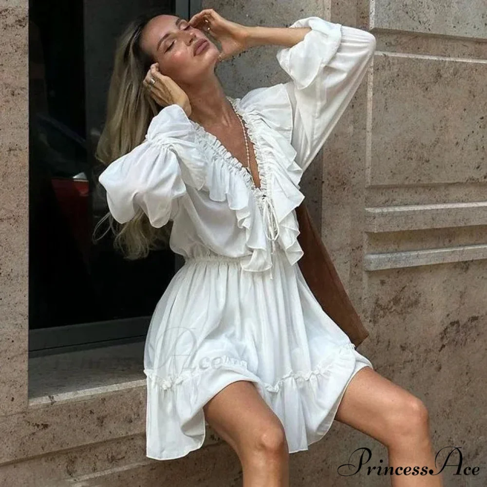 Solid Ivory Cotton Rayon Long Sleeve Frill Dress - Image 2