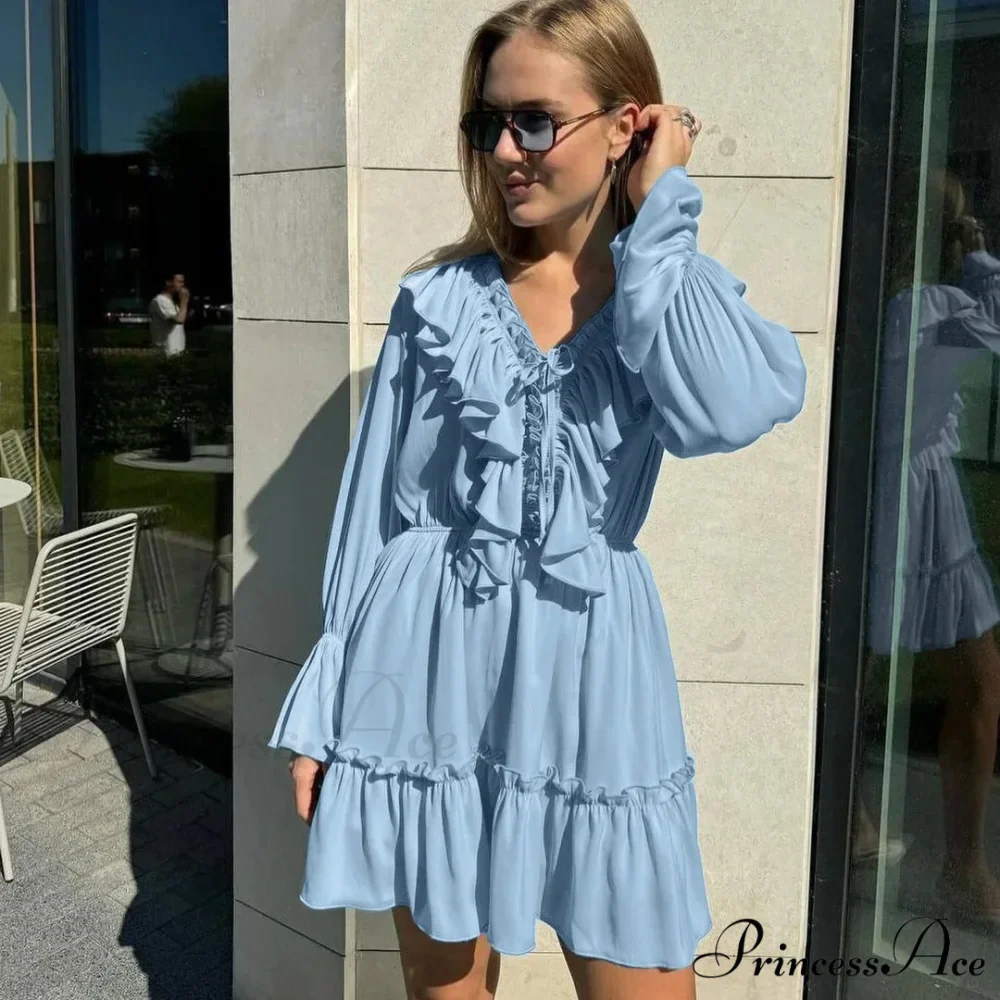 Solid Ivory Cotton Rayon Long Sleeve Frill Dress - Image 7
