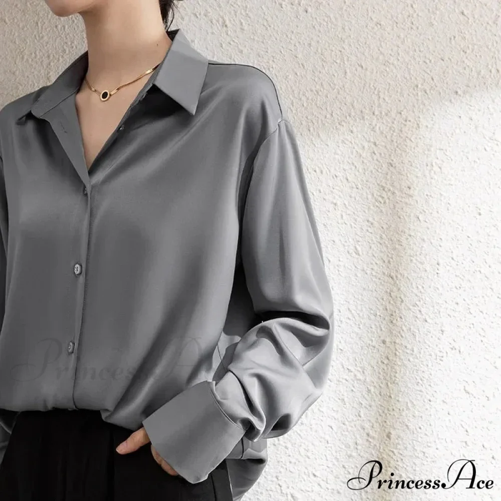 Solid Smooth Drape Baggy Long Sleeve Office Lady Blouse - Image 2