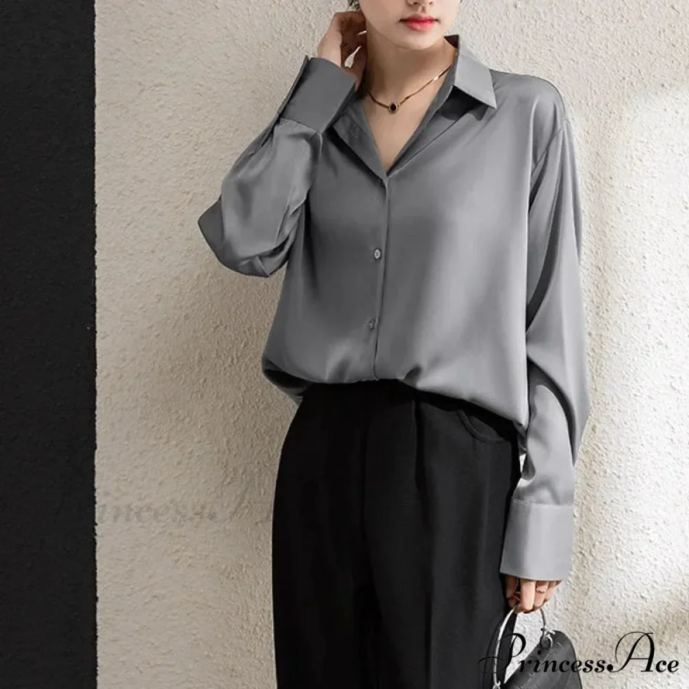 Solid Smooth Drape Baggy Long Sleeve Office Lady Blouse - Image 3