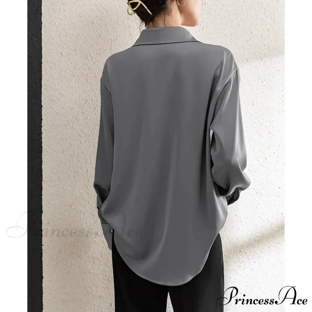 Solid Smooth Drape Baggy Long Sleeve Office Lady Blouse - Image 4