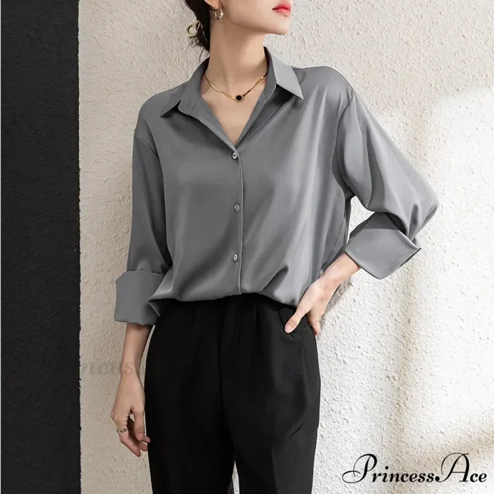 Solid Smooth Drape Baggy Long Sleeve Office Lady Blouse - Image 5