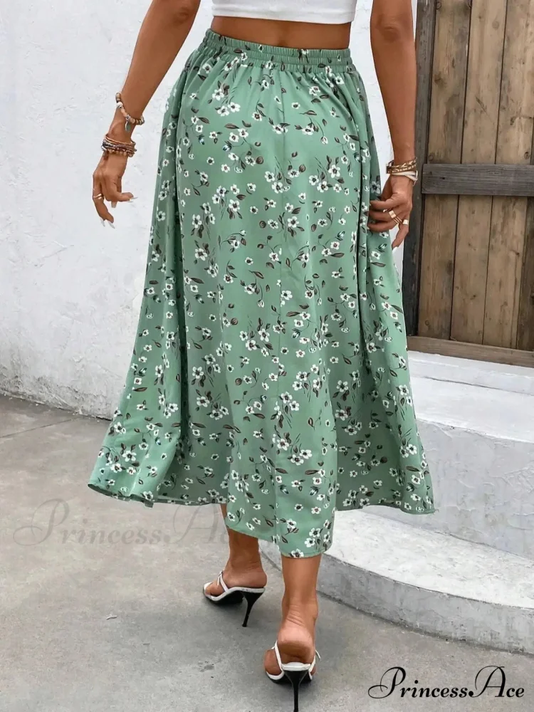 Sophisticated Broken Blossom Midi Skirt Cinch Cord Informal Style - Image 2