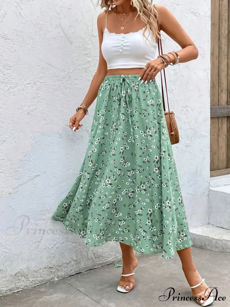 Sophisticated Broken Blossom Midi Skirt Cinch Cord Informal Style - Image 3