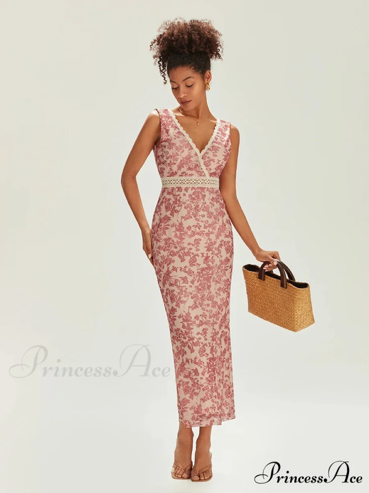 Sophisticated Flower Fishtail Lace Trim Wrap V-neck Bodycon Flower Dress - Image 2