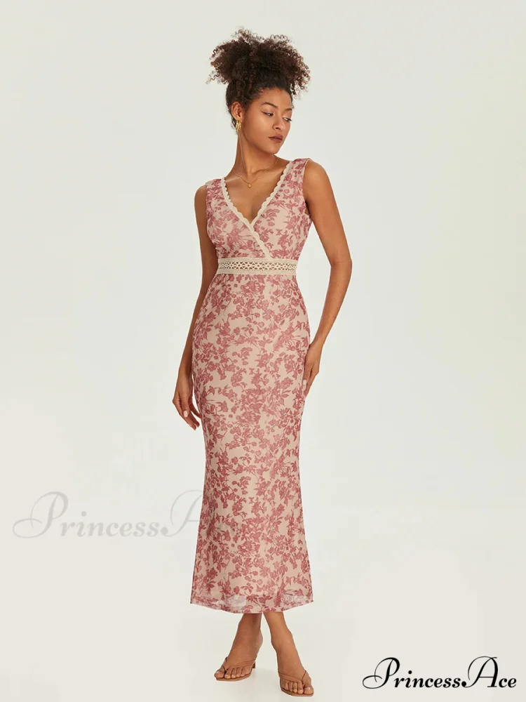 Sophisticated Flower Fishtail Lace Trim Wrap V-neck Bodycon Flower Dress - Image 3
