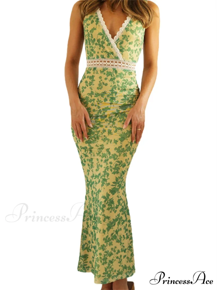 Sophisticated Flower Fishtail Lace Trim Wrap V-neck Bodycon Flower Dress - Image 6
