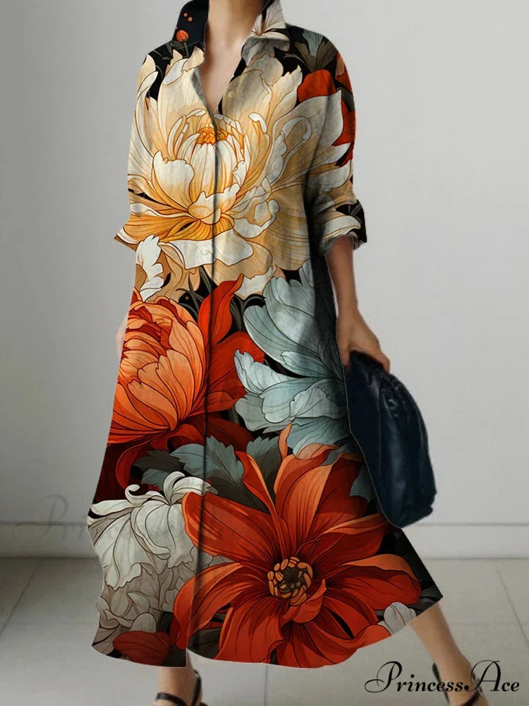 Sophisticated Flower Pattern Extended Sleeve Knee Dress - Image 2