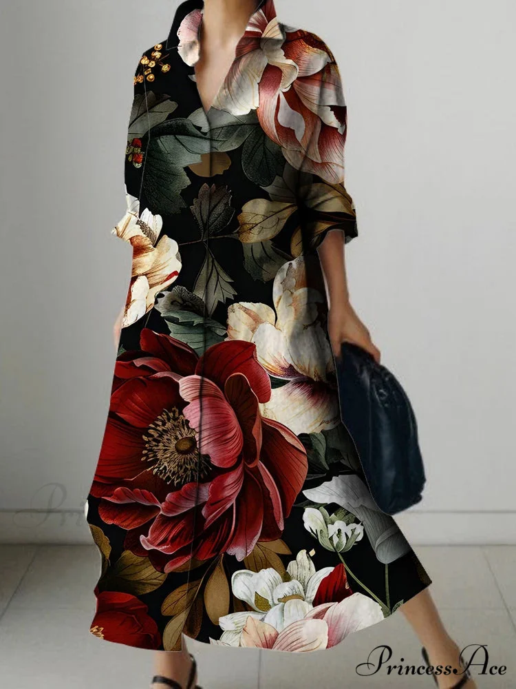 Sophisticated Flower Pattern Extended Sleeve Knee Dress - Image 4