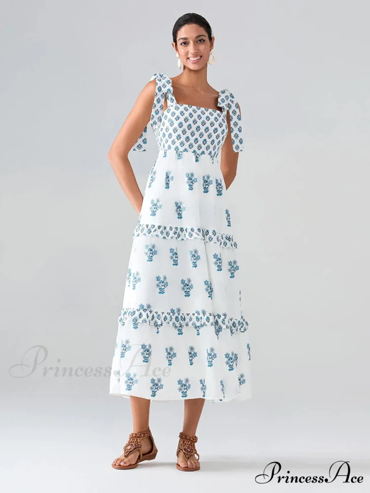 Spacious Bands Flowy Flowered Bohemian Seaside Frill Trim Square Neck A-Line Dress - Image 2
