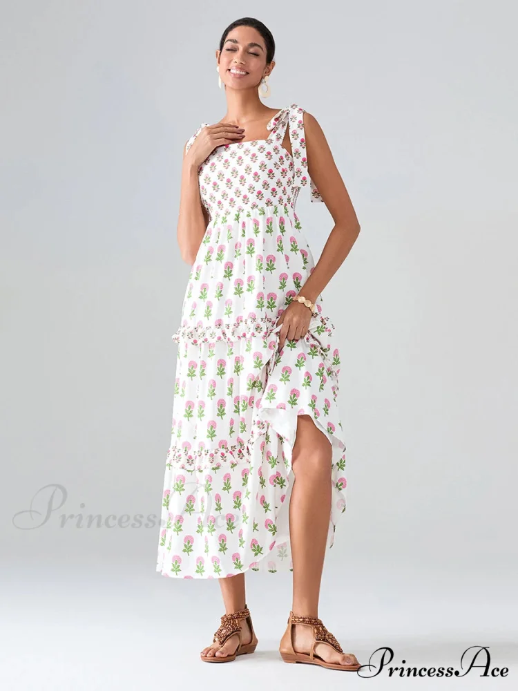 Spacious Bands Flowy Flowered Bohemian Seaside Frill Trim Square Neck A-Line Dress - Image 3