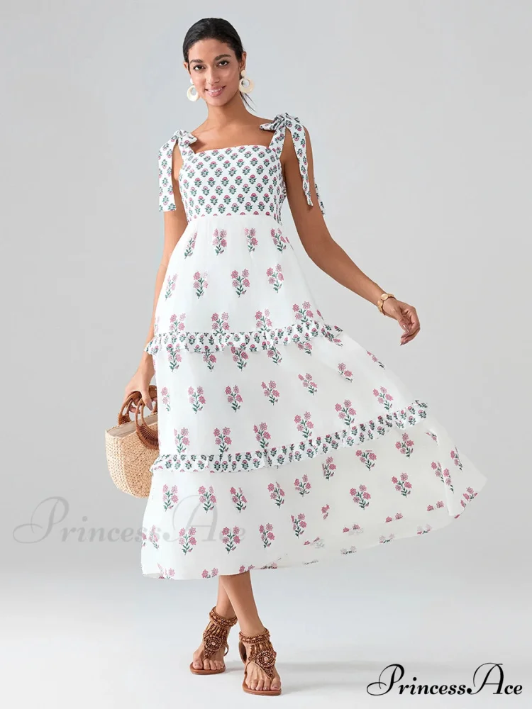 Spacious Bands Flowy Flowered Bohemian Seaside Frill Trim Square Neck A-Line Dress - Image 4