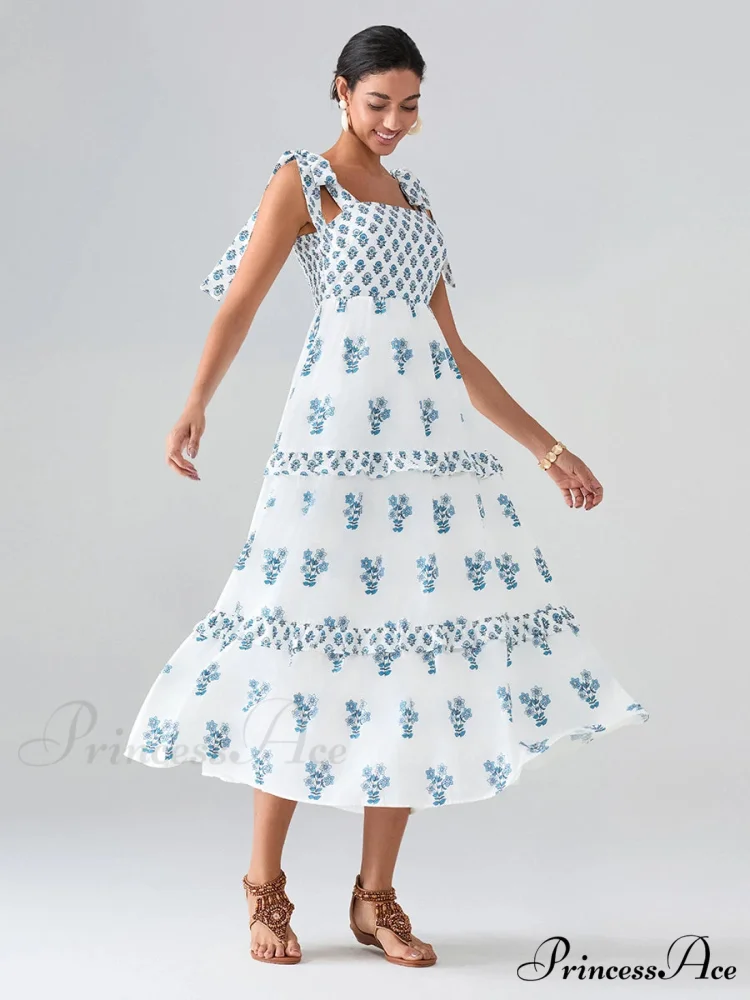 Spacious Bands Flowy Flowered Bohemian Seaside Frill Trim Square Neck A-Line Dress - Image 5