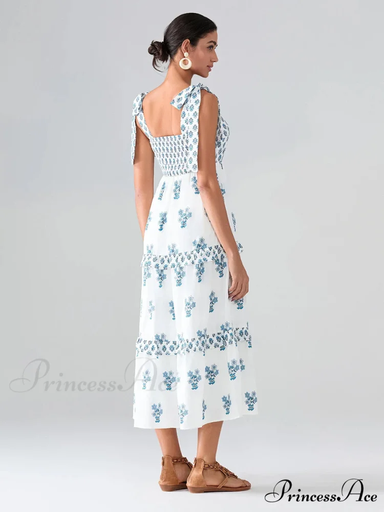 Spacious Bands Flowy Flowered Bohemian Seaside Frill Trim Square Neck A-Line Dress - Image 6