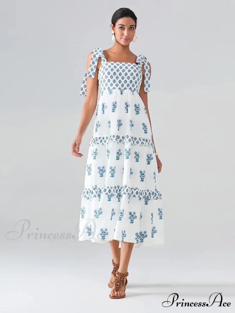 Spacious Bands Flowy Flowered Bohemian Seaside Frill Trim Square Neck A-Line Dress - Image 7