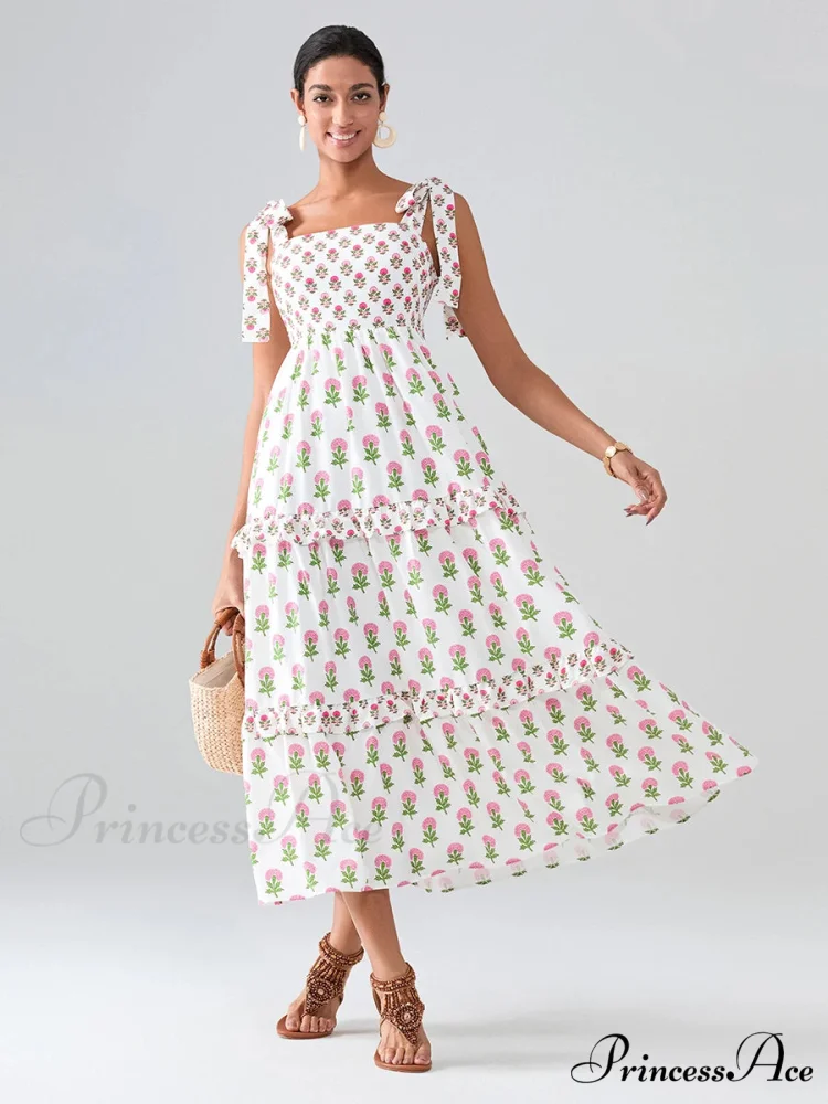 Spacious Bands Flowy Flowered Bohemian Seaside Frill Trim Square Neck A-Line Dress - Image 8