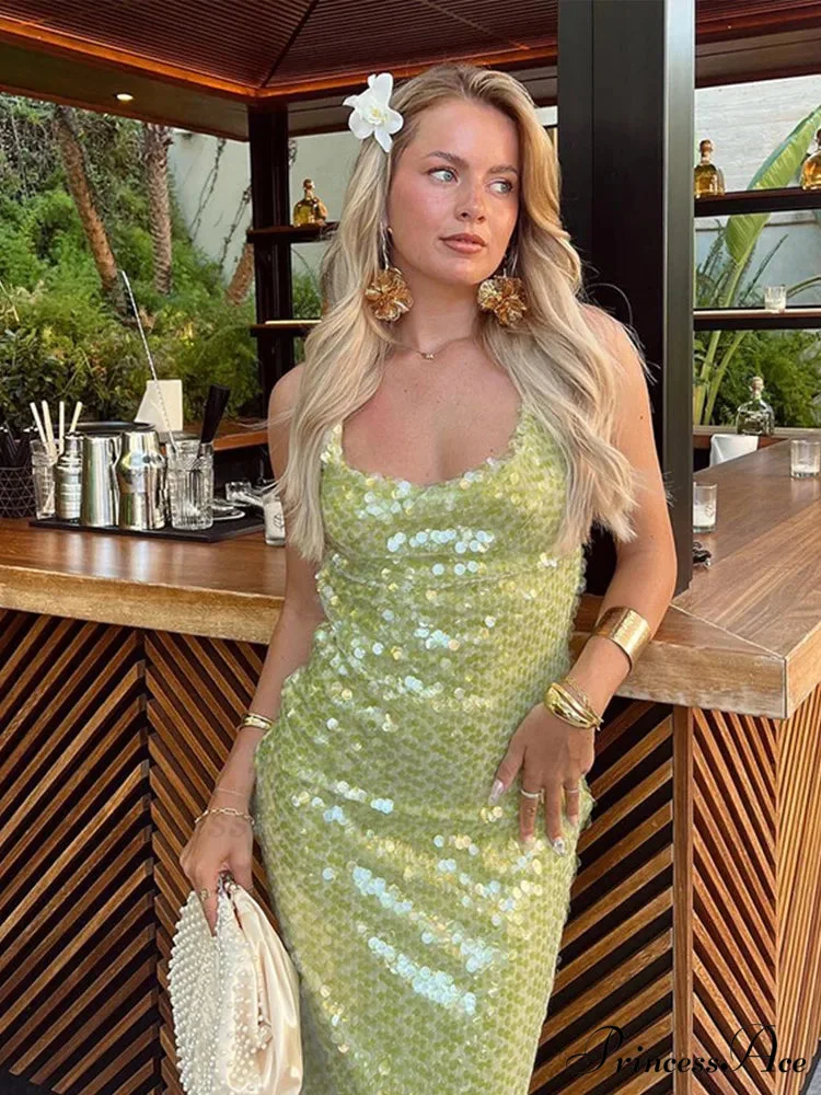 Sparkling Backless Lace-Up Square Neckline Maxi Dress - Image 3