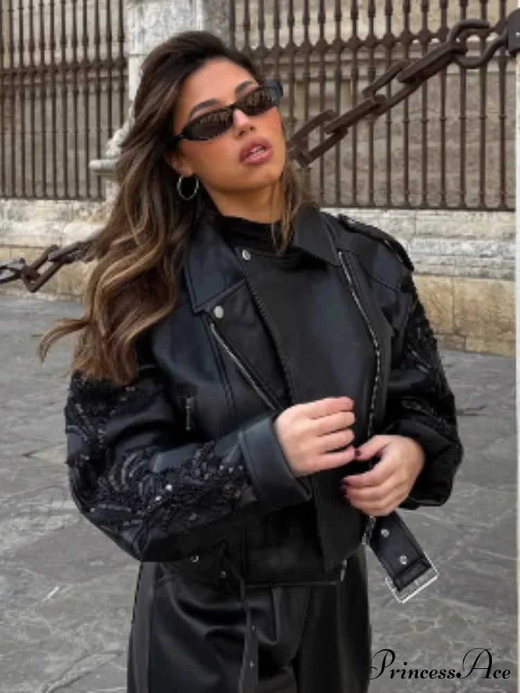 Sparkling Belted Leather Coat - Image 4