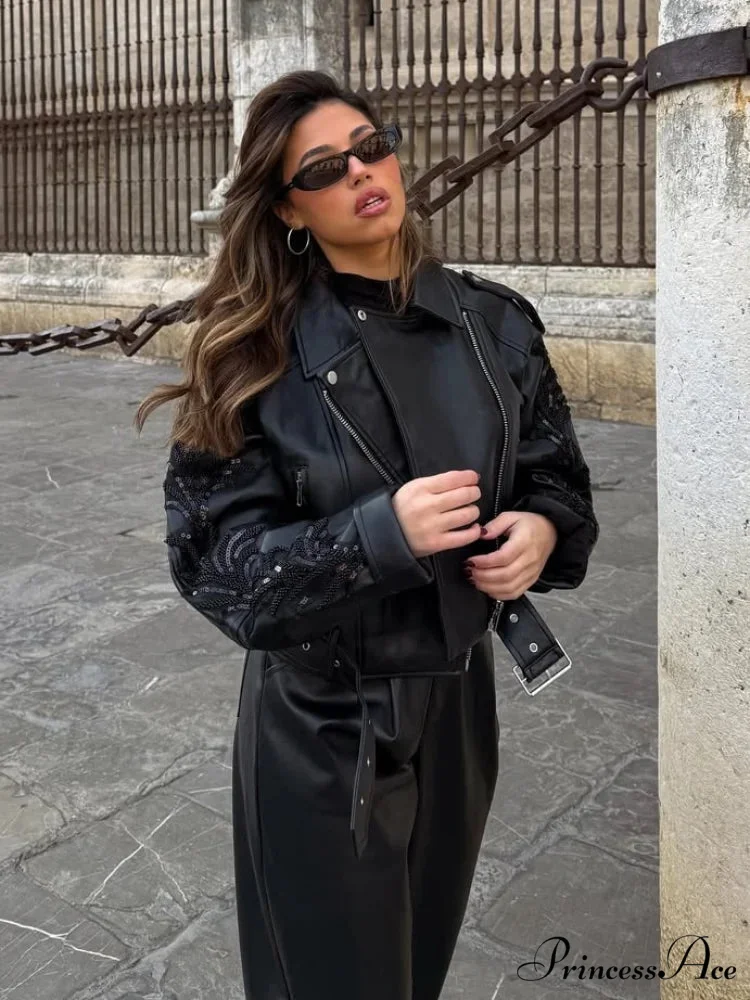 Sparkling Belted Leather Coat - Image 6