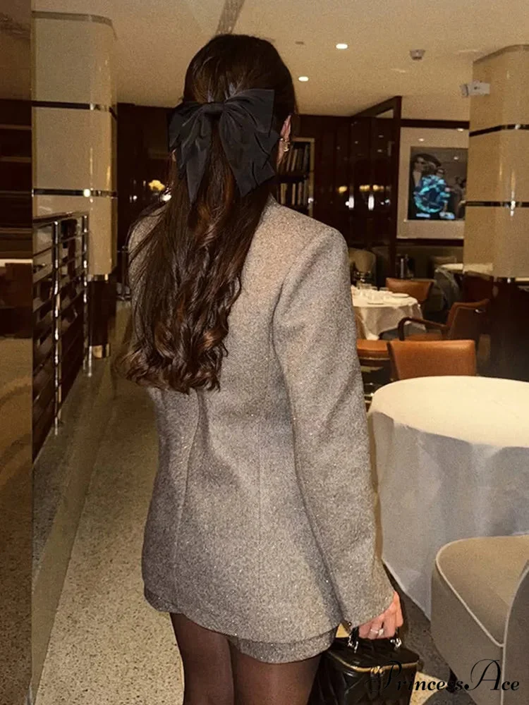 Sparkling Glitter Charcoal Suit Lapel Coat - Image 4