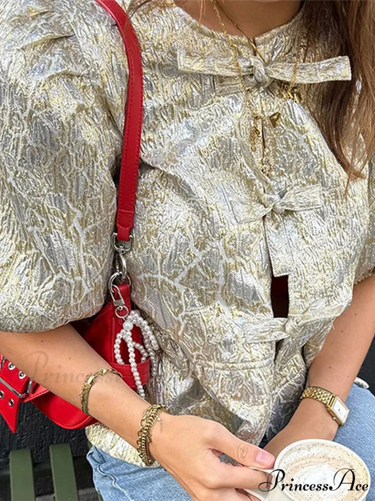 Sparkling Lace-Up Bow Puffy Sleeve Brief Blouse - Image 4