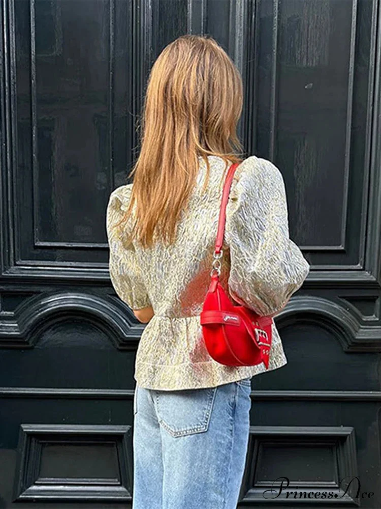 Sparkling Lace-Up Bow Puffy Sleeve Brief Blouse - Image 5