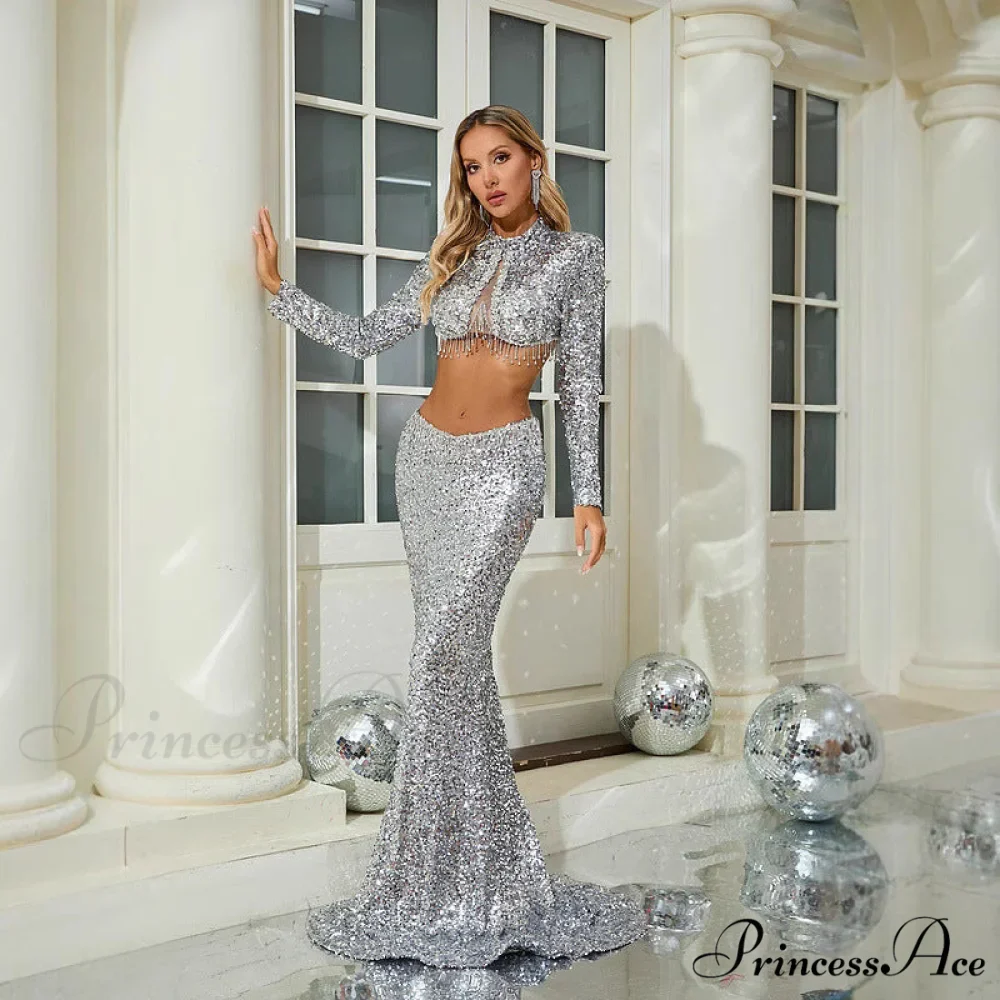 Sparkling Long Sleeve Crop Top Mermaid Prom Dress - Image 4