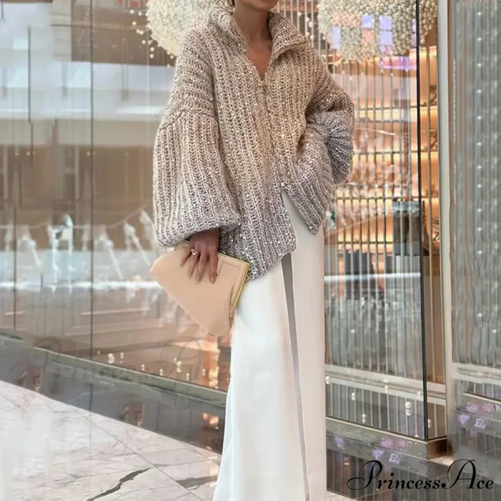 Sparkling Plunging Neckline Sweater Cardigan - Image 2
