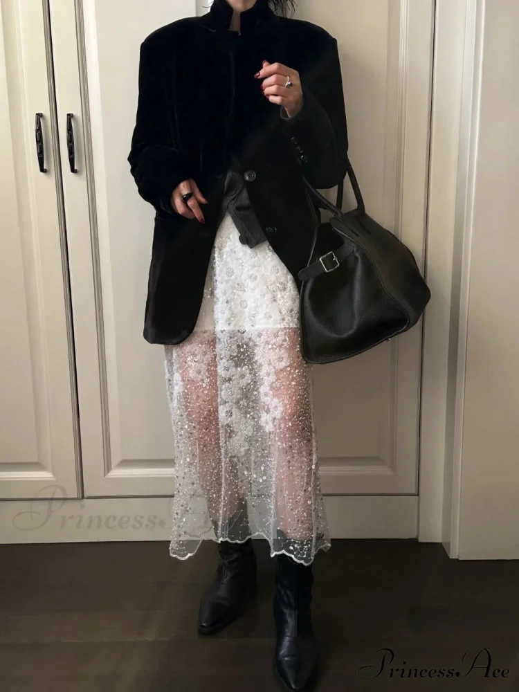 Special White Lace Embellished Sequins High Waist Skirt Women's Fashion - Image 2