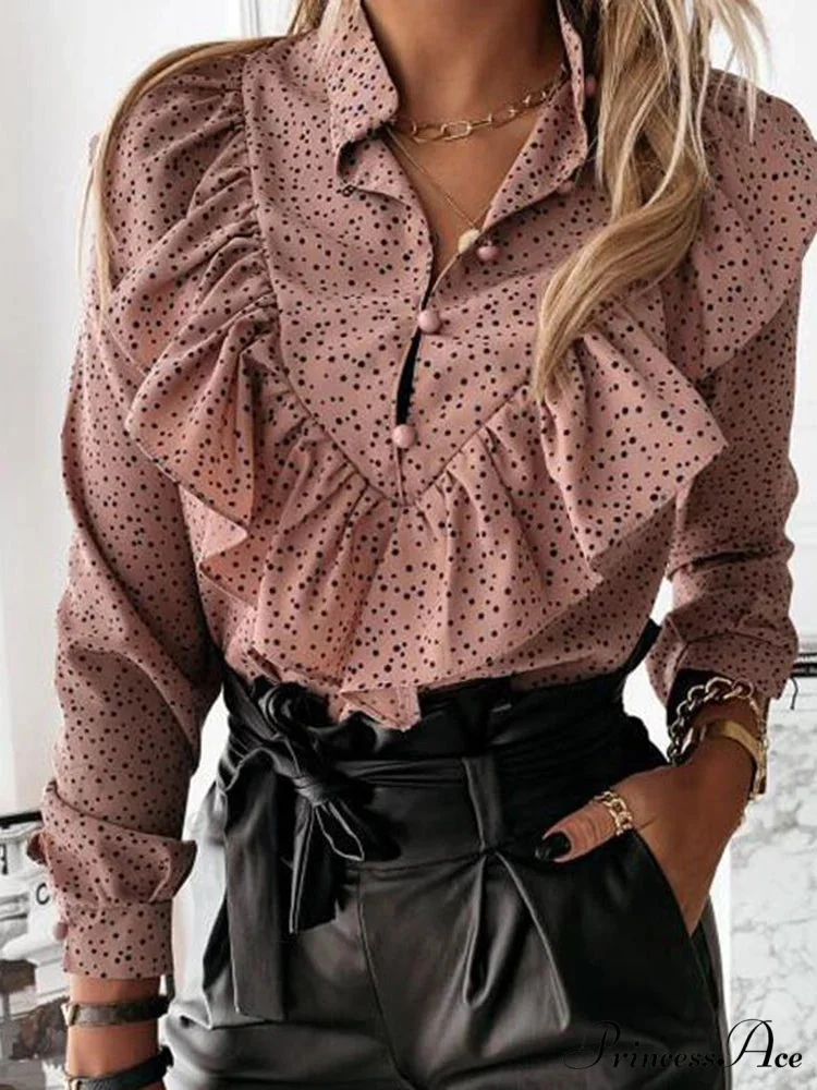 Spotted Dot Print Frill V Neck Blouse - Image 10
