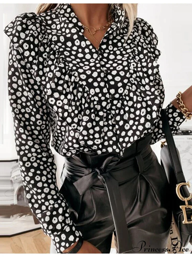 Spotted Dot Print Frill V Neck Blouse - Image 11