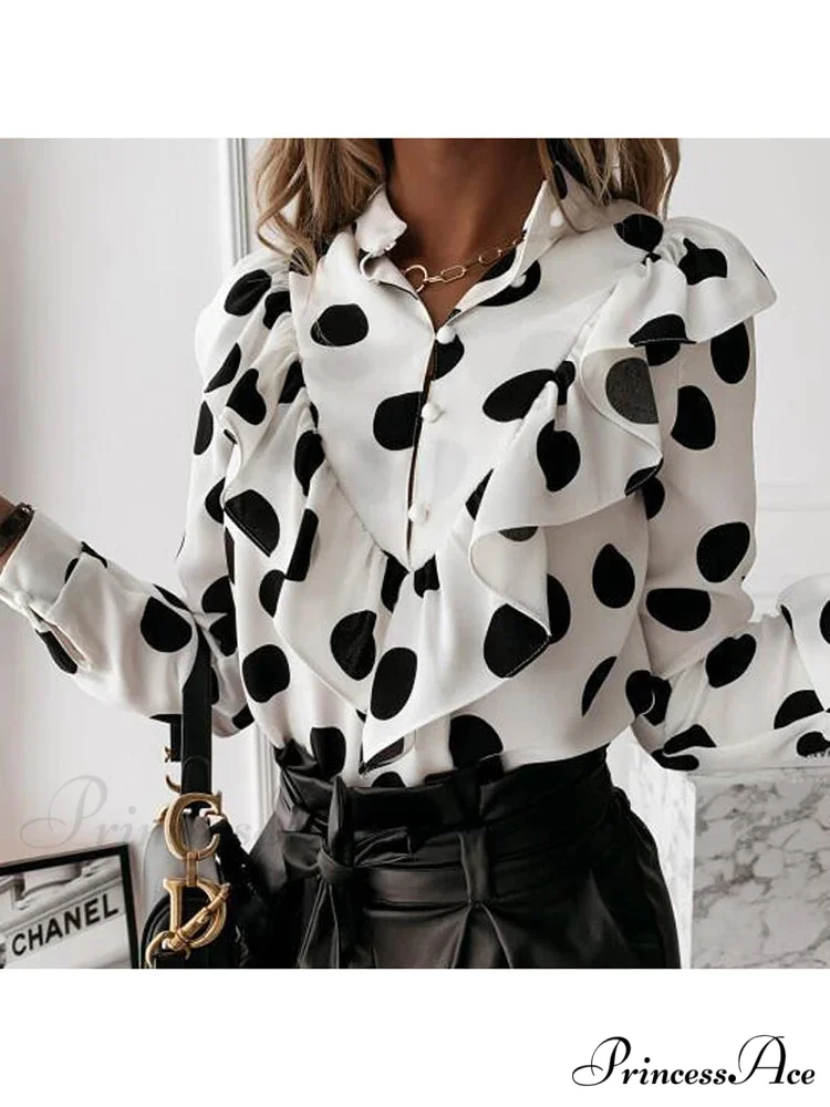 Spotted Dot Print Frill V Neck Blouse - Image 3
