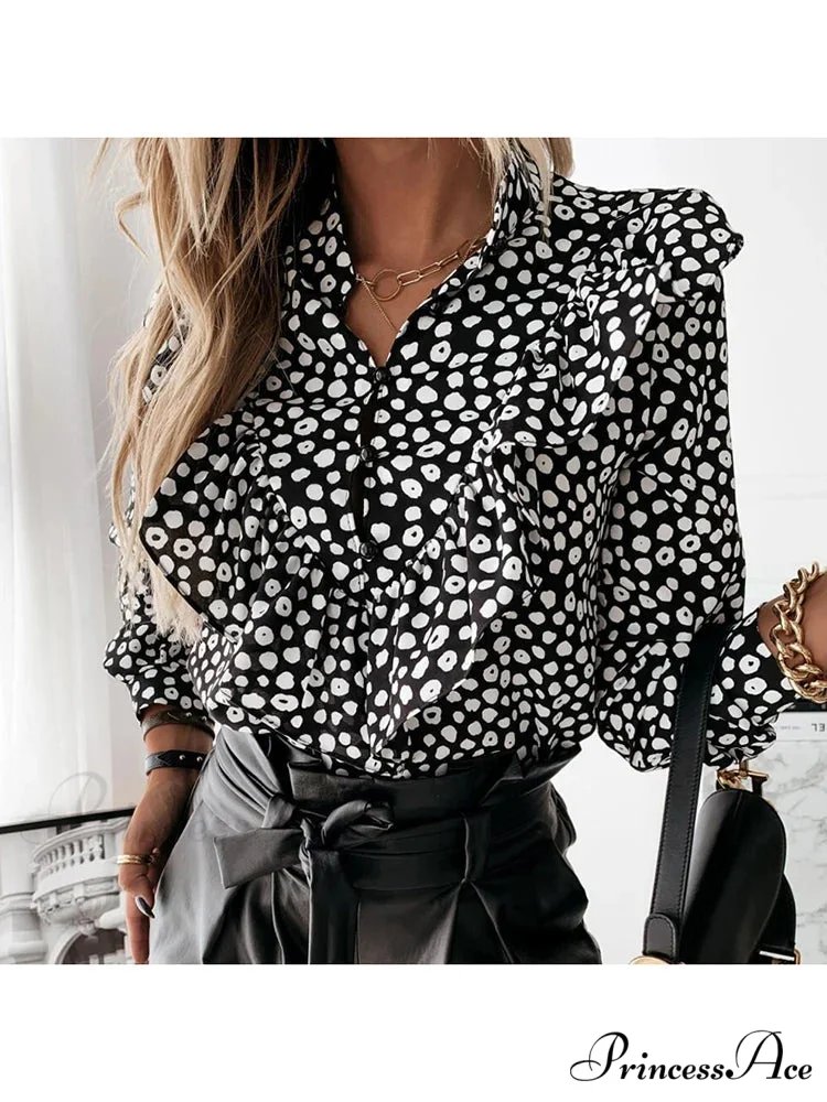 Spotted Dot Print Frill V Neck Blouse - Image 5