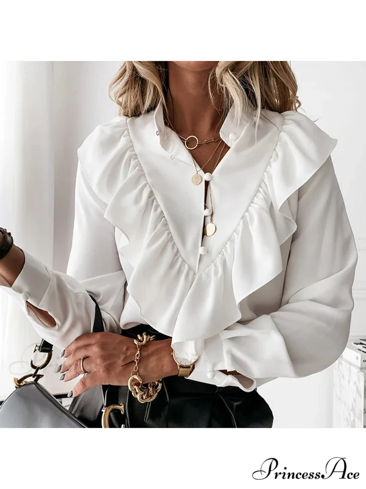 Spotted Dot Print Frill V Neck Blouse - Image 6