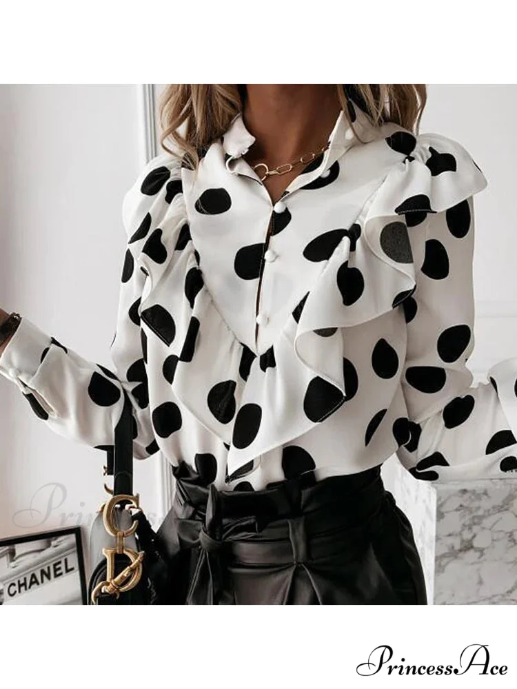 Spotted Dot Print Frill V Neck Blouse - Image 8