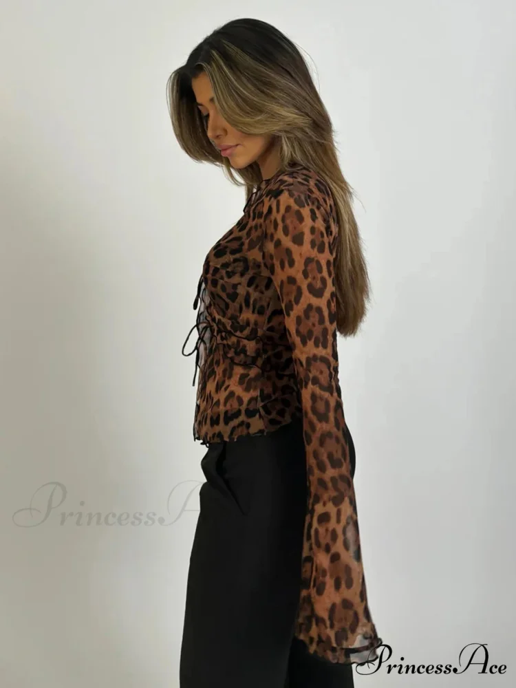 Spotted Mesh Transparent Tie-Front Blouse - Image 5